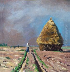 Landschaft Mit Heuhocke Und Bauern Bei Der Feldarbeit