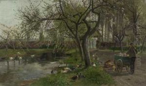 Milchmann Mit Hundegespann Am Schlossteich Mit Enten by Hugo Muehlig