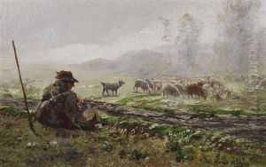 Der Schafhirte Bei Seiner Herde Im Morgennebel by Hugo Muehlig