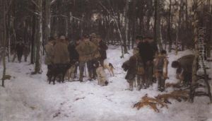 Rast Bei Einer Winterlichen Treibjagd by Hugo Muehlig