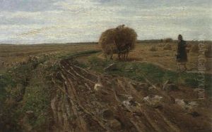 Heuernte (auf Einem Abgeernteten Feld Stapelt Ein Bauer Die Letzten Strohballen Auf Einen Eselskarren...) by Hugo Muehlig