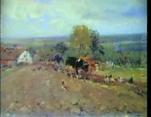 Bauer Beim Pflugen Eines Feldes by Hugo Muehlig