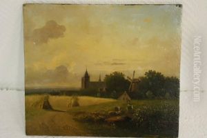 Veld Met Korenschoven Aan De Dorpsrand