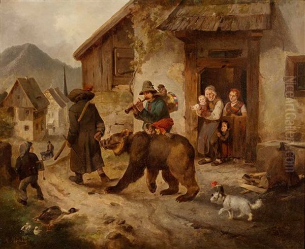 Zwei Gaukler Mit Bar, Affchen Und Hund Ziehen Durch Ein Dorf. Typisches Genre Eines Der Bekannten Maler Der Dusseldorfer Malerschule - view 1