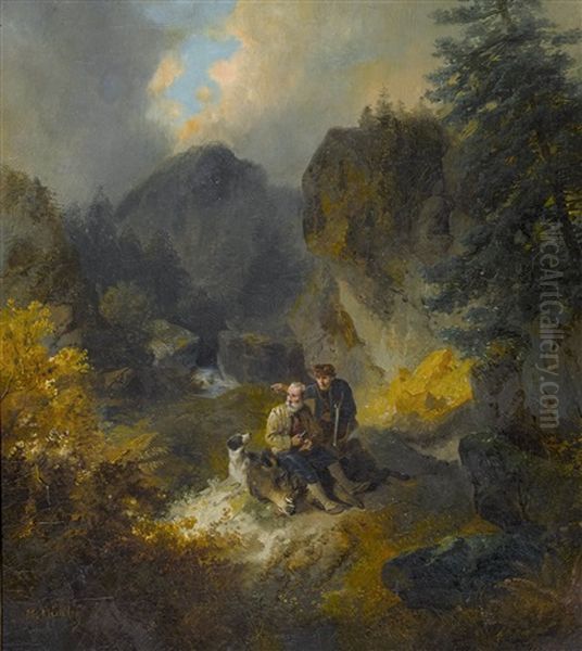 Ruhende Jager Auf Erlegtem Eber - view 1