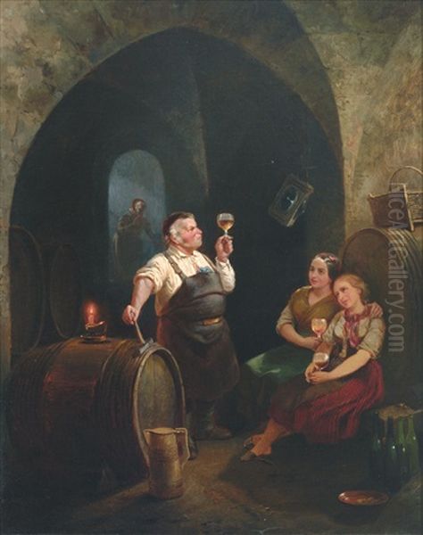 Kellermeister Und Zwei Beseelte Madchen Bei Der Weinprobe - view 1