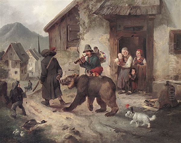 Barenfuhrer Und Musizierender Affengaukler Ziehen Mit Ihren Tieren Durch Ein Dorf. Eine Bauersfamilie Beobachtet Die Szene - view 1