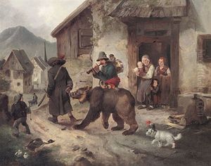 Barenfuhrer Und Musizierender Affengaukler Ziehen Mit Ihren Tieren Durch Ein Dorf. Eine Bauersfamilie Beobachtet Die Szene