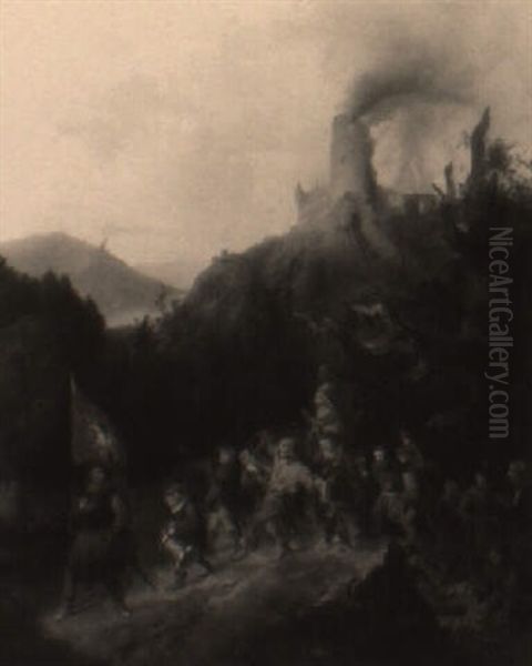 Retreating Triumphant War Party With Castle Burning In The Distance - view 1