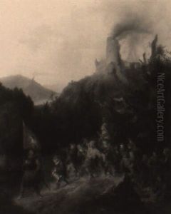Retreating Triumphant War Party With Castle Burning In The Distance by Meno Muehlig