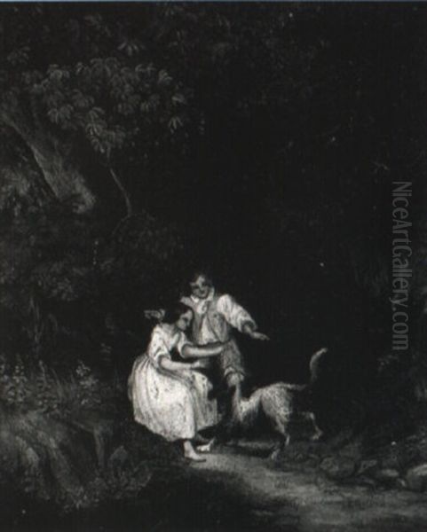 Knabe Und Madchen Mit Hund Im Wald - view 1