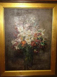 Narcissus And Other Flowers In A Glass Vase
