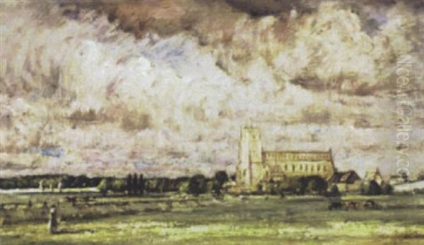Figure In Pasture With Church In Distance - view 1
