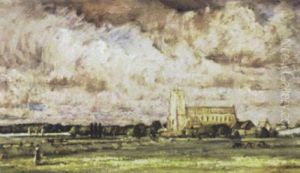 Figure In Pasture With Church In Distance by David Thomas Muirhead