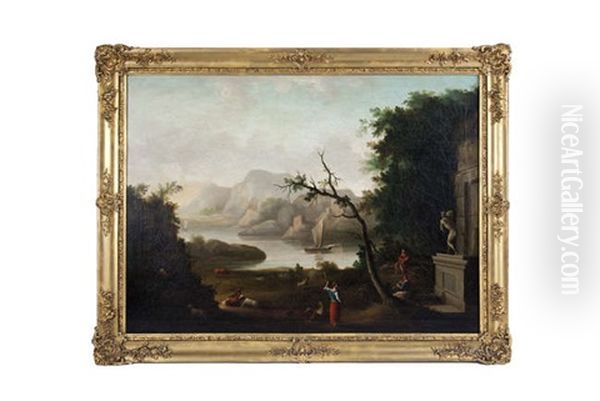 A Southern River Landscape With Figures And Animals, A Classical Statue By A Ruin In The Right Foreground - view 1