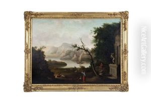A Southern River Landscape With Figures And Animals, A Classical Statue By A Ruin In The Right Foreground by Jeremiah Hodges Mulcahy