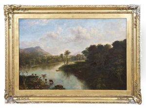 An Extensive Wooded River Landscape, With Cattle Watering by Jeremiah Hodges Mulcahy