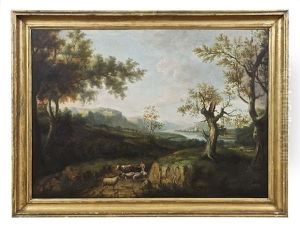A Pastoral Wooded River Landscape With A Drover And Farm Animals In The Foreground, A Fortified Village In The Distance by Jeremiah Hodges Mulcahy