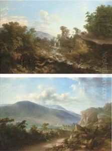 Wooded River Landscape With A Figure Crossing A River In The Foreground And A Horse And Cart On A Roadside (+ An Extensive Mountainous Landscape With Goats On A Path In The Foreground, 1866; Pair) by Jeremiah Hodges Mulcahy