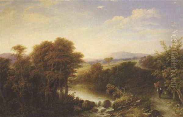 A River Landscape With A Drover Herding Sheep - view 1