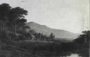 Figures Crossing A Bridge In A Mountainous Landscape by Jeremiah Hodges Mulcahy