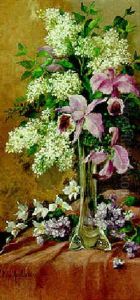 Lilac And Irises In A Glass Vase by Camille van Mulders