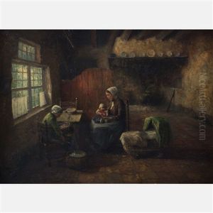 Interior Scene With Mother And Children by Carl Eugene Mulertt