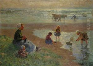 Mother And Children At The Beach by Carl Eugene Mulertt