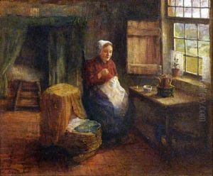 Interior Scene Of A Mother Sewing Beside A Child Sleeping In A Bassinet