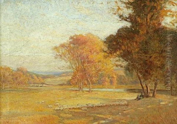 Shepherd And Flock In Autumn - view 1