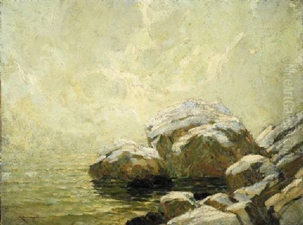 Seascape With Rock In Winter - view 1