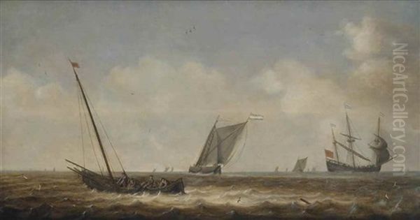 A Seascape With Various Sailing Boats And Fishermen Drawing In Their Nets - view 1