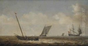 A Seascape With Various Sailing Boats And Fishermen Drawing In Their Nets