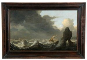 Two Sailing Ships On A Stormy Sea Near A Rock