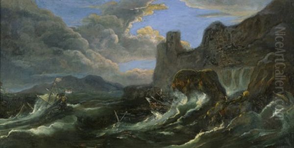 Sturmische See Mit Kenternden Segelschiffen Vor Einer Felsenkuste - view 1