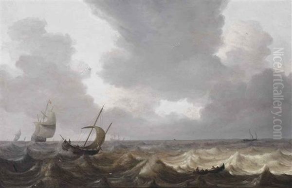 A Fishing Boat And A Rowing Boat On Choppy Water, A Three-master In The Distance - view 1