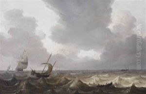 A Fishing Boat And A Rowing Boat On Choppy Water, A Three-master In The Distance by Pieter Mulier the Elder