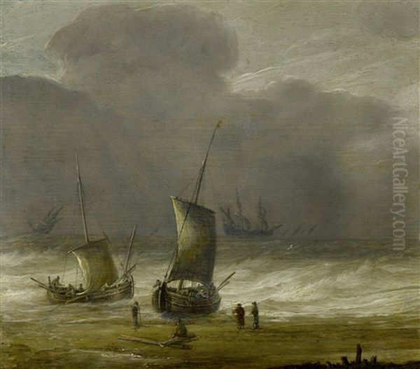 Fishermen On A Shore With Shipping In A Choppy Sea - view 1
