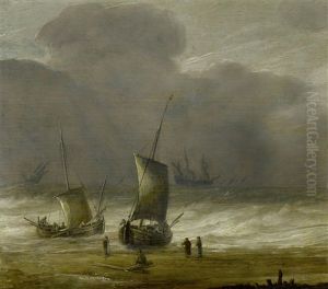 Fishermen On A Shore With Shipping In A Choppy Sea by Pieter Mulier the Elder