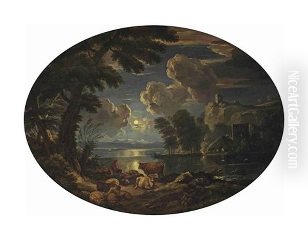 A Moonlit River Landscape With Shepherds By A The River Bank - view 1