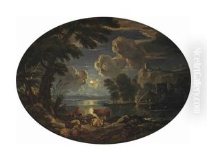 A Moonlit River Landscape With Shepherds By A The River Bank by Pieter Mulier the Elder