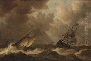 An English Man-of-war Before The Wind And A Close Hauled Hoeker, As A Storm Approaches by Pieter Mulier the Elder