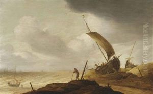 Fishermen Prepairing Their Vessels In The Dunes, A Man In The Foreground Overlooking The Sea by Pieter Mulier the Elder