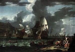 A Capriccio: The Flagship Saluting Her Arrival At A Mediterranean Port Amidst Other Shipping
