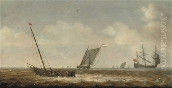 Fishermen In A Smalschip Drawing In Their Nets - view 1