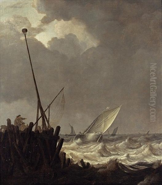 Ships In Stormy Seas With Fishermen Standing At A Jetty - view 1