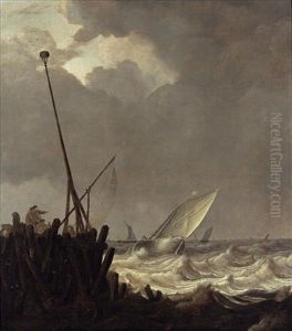 Ships In Stormy Seas With Fishermen Standing At A Jetty Ships In Stormy Seas With Fishermen Standing At A Jetty