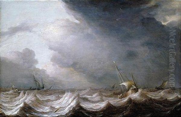 Dutch Fishing Pinks And Other Small Vessels At Sea In Stormy Weather - view 1