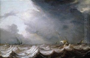Dutch Fishing Pinks And Other Small Vessels At Sea In Stormy Weather by Pieter Mulier the Elder
