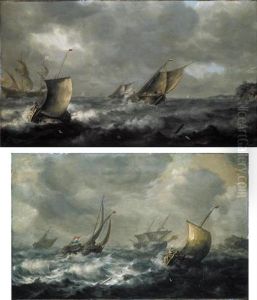 Two Dutch Smalships And A Pink With An English Frigate Beyond (+ Two Wijdships And A Pink With An English Two-master Beyond; 2 Works) by Pieter Mulier the Elder